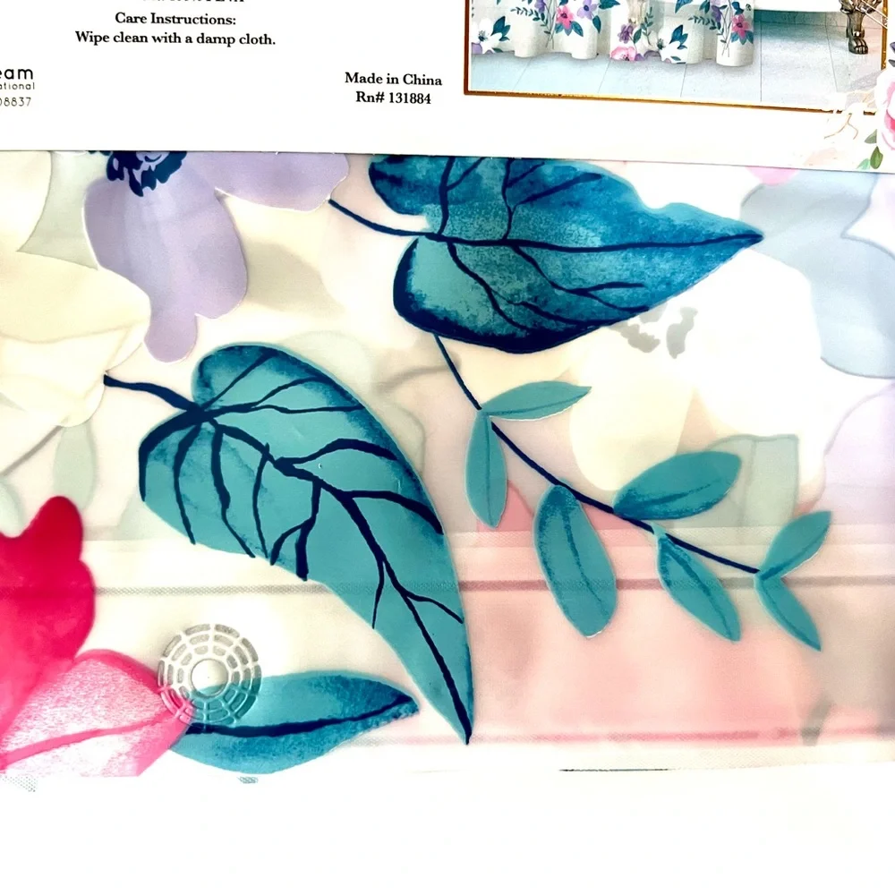 Floral Garden Peva Shower Curtain Lavender Pink White Flowers Blue Leaves